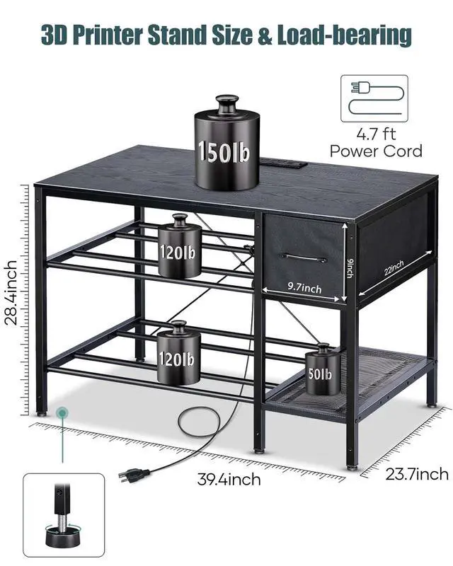 Alt view image 4 of 7 - 3D Printer Table with Filaments Storage - 3D Printer Stand Filament Storage Rack Heavy Duty 3D Print Desk with Drawer for Workshop Studio Office (Black)