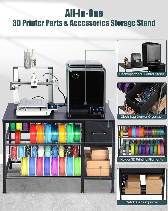 Alt view image 7 of 7 - 3D Printer Table with Filaments Storage - 3D Printer Stand Filament Storage Rack Heavy Duty 3D Print Desk with Drawer for Workshop Studio Office (Black)
