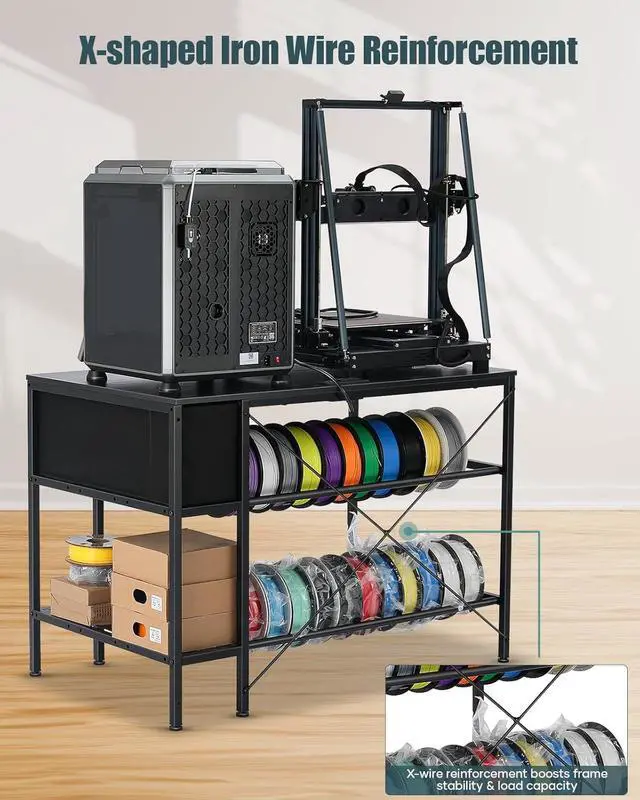 Alt view image 3 of 7 - 3D Printer Table with Filaments Storage - 3D Printer Stand Filament Storage Rack Heavy Duty 3D Print Desk with Drawer for Workshop Studio Office (Black)
