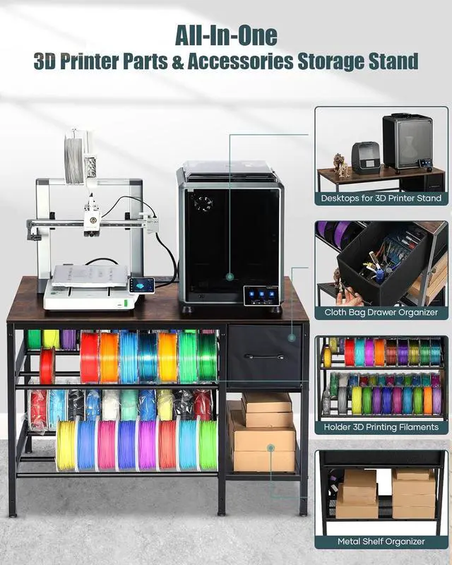 Alt view image 3 of 7 - 3D Printer Table with Filaments Storage - 3D Printer Stand Filament Storage Rack Heavy Duty 3D Print Desk with Drawer for Workshop Studio Office (Brown)