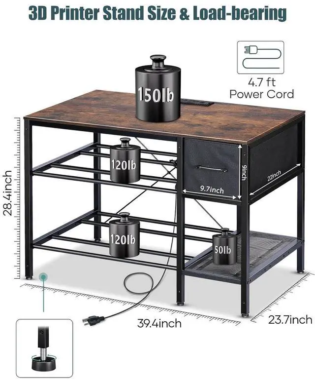 Alt view image 6 of 7 - 3D Printer Table with Filaments Storage - 3D Printer Stand Filament Storage Rack Heavy Duty 3D Print Desk with Drawer for Workshop Studio Office (Brown)