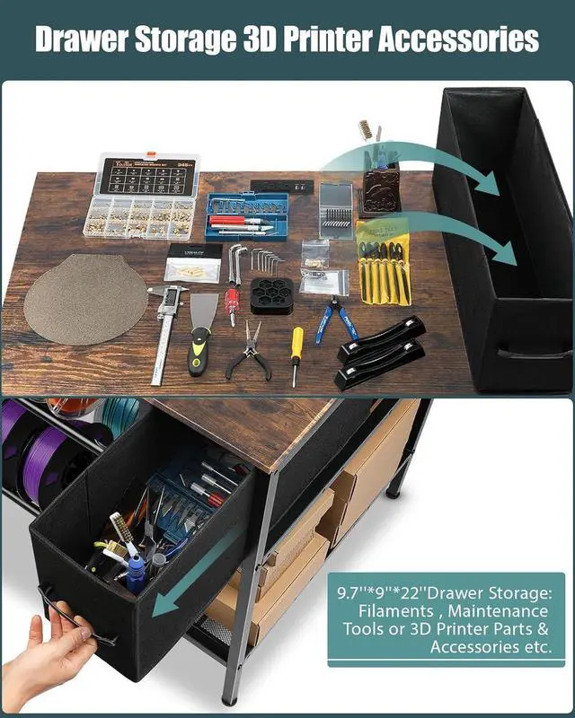 Alt view image 7 of 7 - 3D Printer Table with Filaments Storage - 3D Printer Stand Filament Storage Rack Heavy Duty 3D Print Desk with Drawer for Workshop Studio Office (Brown)