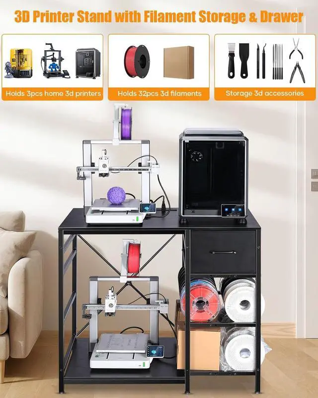 Alt view image 6 of 6 - 3D Printer Stand with Filaments Storage - 3D Printer Table Filament Storage Rack Heavy Duty 3D Print Desk with Drawer for Workshop Studio Office