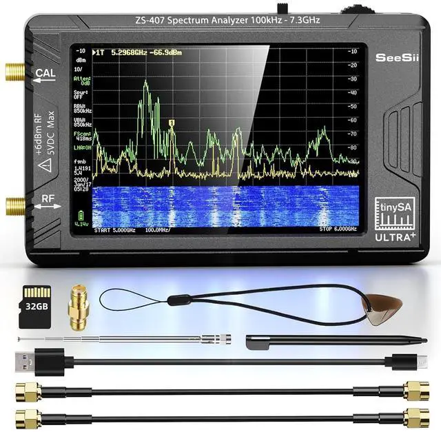 Main image of TinySA Ultra+ ZS407 7.3GHz Spectrum Analyzer: Upgraded 4 Inch HW V0.5.4 100kHz-7.3GHz Handheld Tiny Frequency Analyzer - 2-in-1 RF Signal Generator 100kHz to 900MHz MF/HF/VHF UHF