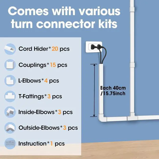 Alt view image 3 of 7 - 315in Cord Hider Kit, Paintable Cable Raceway, Cord Covers for Wires on Wall, Cord Hider for Wall Mount tv, tv Cable Hider Wall kit, Wire Covers for Cords, 20X L15.7in X W0.96in X H0.57in, White
