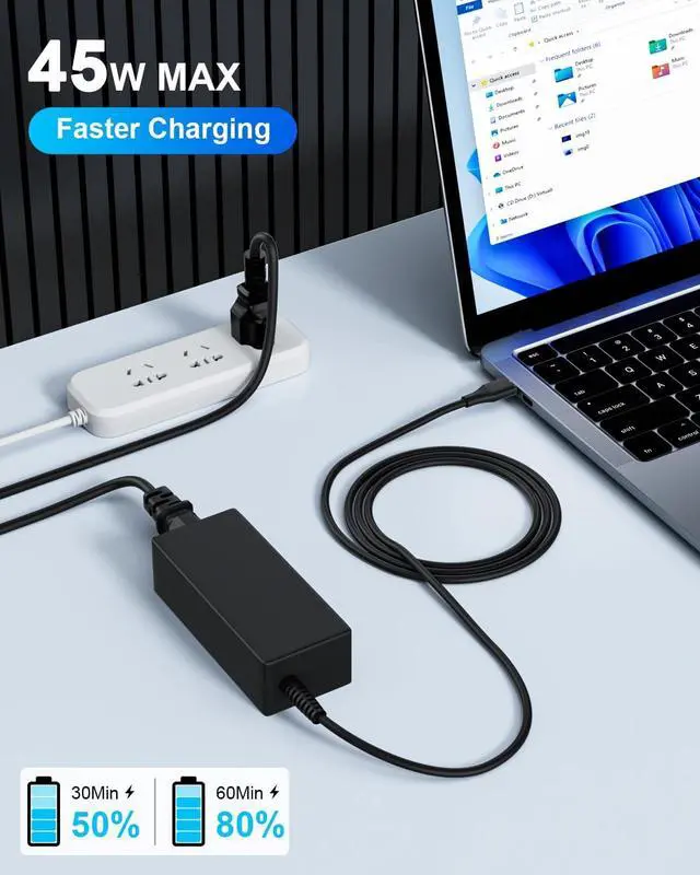 Alt view image 2 of 7 - 45W USB C Chromebook Charger Compatible with HP X360 11 13, Spectre X360 13 Elite X2 14-ca051wm Compatible with Lenovo Compatible with Acer Type C Power Cord
