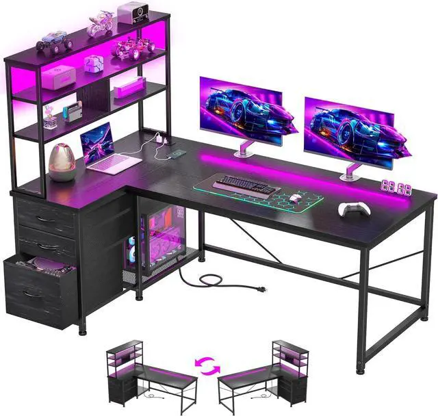Main image of 55''Gaming Desk L Shaped Desk with 3 Fabric Drawers & Shelf, Reversible Computer Desk with Remote LED Lights, Power Outlet of Home Office Desk for Bedroom,Dorm,Black