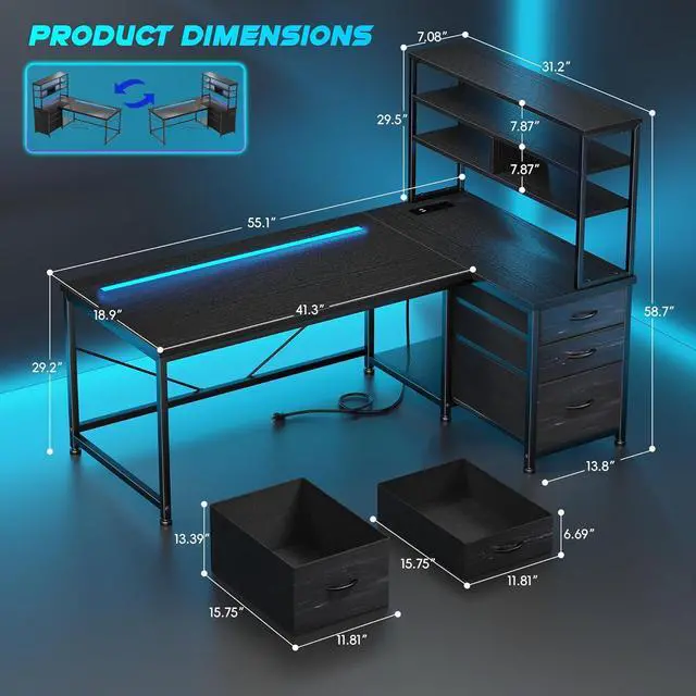 Alt view image 6 of 7 - 55''Gaming Desk L Shaped Desk with 3 Fabric Drawers & Shelf, Reversible Computer Desk with Remote LED Lights, Power Outlet of Home Office Desk for Bedroom,Dorm,Black