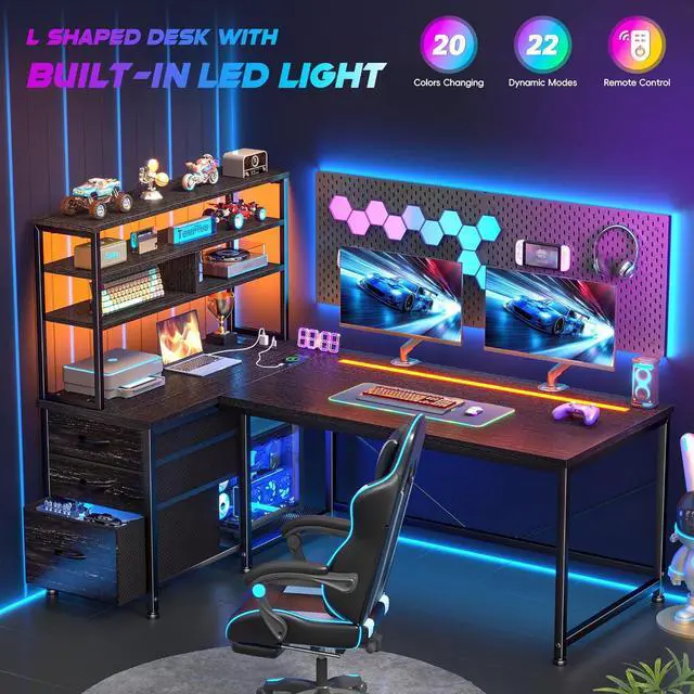 Alt view image 4 of 7 - 55''Gaming Desk L Shaped Desk with 3 Fabric Drawers & Shelf, Reversible Computer Desk with Remote LED Lights, Power Outlet of Home Office Desk for Bedroom,Dorm,Black