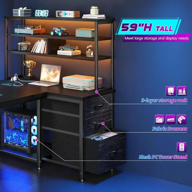 Alt view image 7 of 7 - 55''Gaming Desk L Shaped Desk with 3 Fabric Drawers & Shelf, Reversible Computer Desk with Remote LED Lights, Power Outlet of Home Office Desk for Bedroom,Dorm,Black