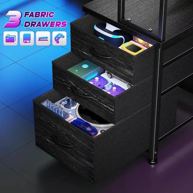 Alt view image 5 of 7 - 55''Gaming Desk L Shaped Desk with 3 Fabric Drawers & Shelf, Reversible Computer Desk with Remote LED Lights, Power Outlet of Home Office Desk for Bedroom,Dorm,Black