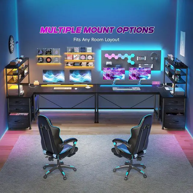 Alt view image 2 of 7 - 55''Gaming Desk L Shaped Desk with 3 Fabric Drawers & Shelf, Reversible Computer Desk with Remote LED Lights, Power Outlet of Home Office Desk for Bedroom,Dorm,Black