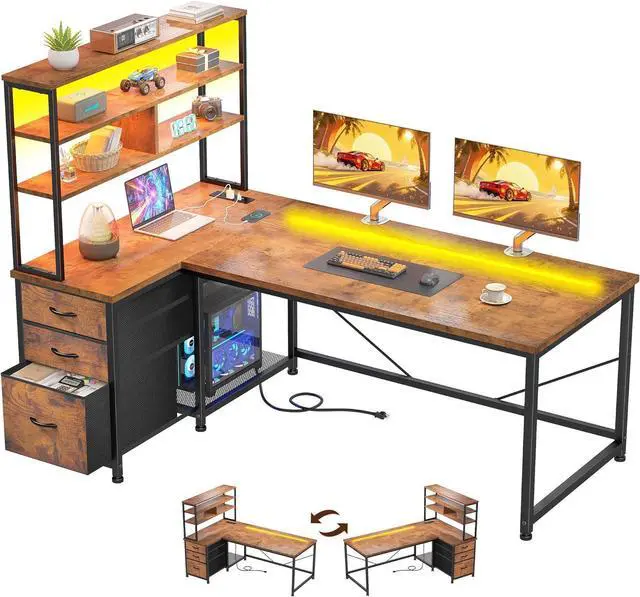 Main image of 55''Gaming Desk L Shaped Desk with 3 Fabric Drawers & Shelf, Reversible Computer Desk with Remote LED Lights, Power Outlet of Home Office Desk for Bedroom,Dorm, Brown