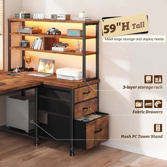 Alt view image 4 of 7 - 55''Gaming Desk L Shaped Desk with 3 Fabric Drawers & Shelf, Reversible Computer Desk with Remote LED Lights, Power Outlet of Home Office Desk for Bedroom,Dorm, Brown