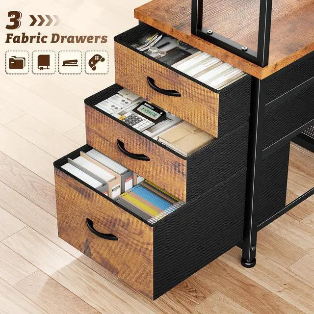 Alt view image 3 of 7 - 55''Gaming Desk L Shaped Desk with 3 Fabric Drawers & Shelf, Reversible Computer Desk with Remote LED Lights, Power Outlet of Home Office Desk for Bedroom,Dorm, Brown