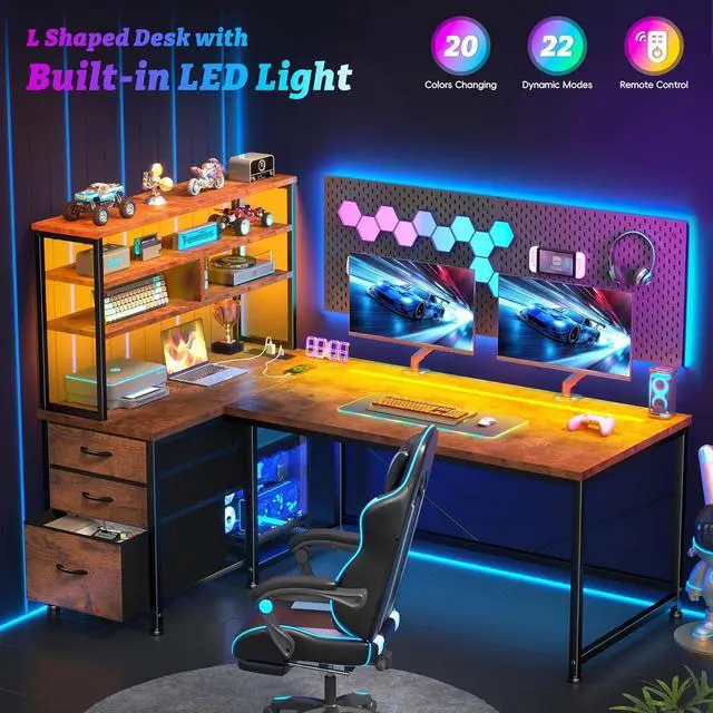 Alt view image 5 of 7 - 55''Gaming Desk L Shaped Desk with 3 Fabric Drawers & Shelf, Reversible Computer Desk with Remote LED Lights, Power Outlet of Home Office Desk for Bedroom,Dorm, Brown