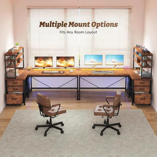 Alt view image 6 of 7 - 55''Gaming Desk L Shaped Desk with 3 Fabric Drawers & Shelf, Reversible Computer Desk with Remote LED Lights, Power Outlet of Home Office Desk for Bedroom,Dorm, Brown