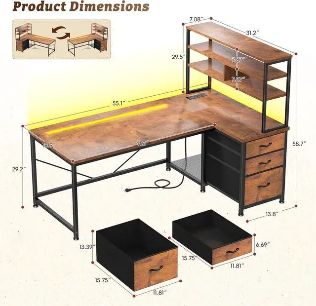 Alt view image 2 of 7 - 55''Gaming Desk L Shaped Desk with 3 Fabric Drawers & Shelf, Reversible Computer Desk with Remote LED Lights, Power Outlet of Home Office Desk for Bedroom,Dorm, Brown