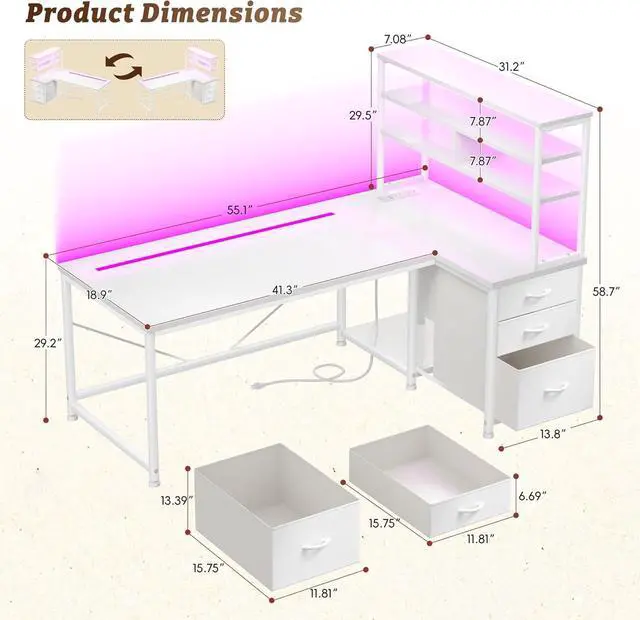 Alt view image 2 of 7 - 55''Gaming Desk L Shaped Desk with 3 Fabric Drawers & Shelf, Reversible Computer Desk with Remote LED Lights, Power Outlet of Home Office Desk for Bedroom,Dorm,White