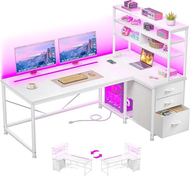 Main image of 55''Gaming Desk L Shaped Desk with 3 Fabric Drawers & Shelf, Reversible Computer Desk with Remote LED Lights, Power Outlet of Home Office Desk for Bedroom,Dorm,White