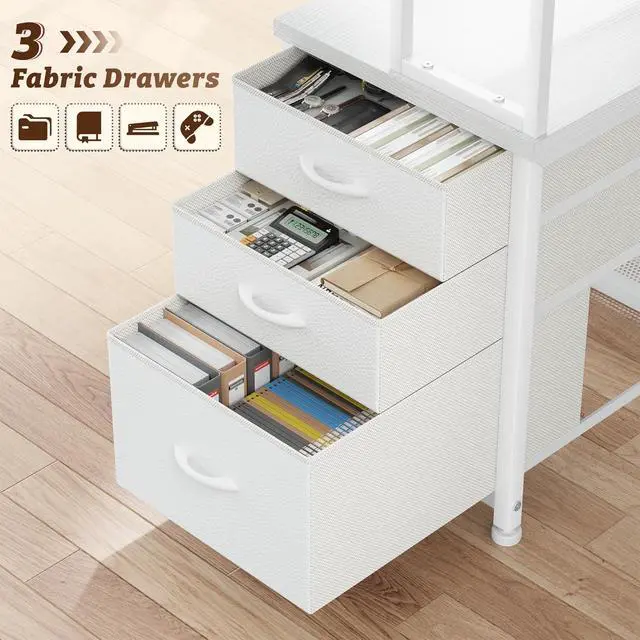 Alt view image 6 of 7 - 55''Gaming Desk L Shaped Desk with 3 Fabric Drawers & Shelf, Reversible Computer Desk with Remote LED Lights, Power Outlet of Home Office Desk for Bedroom,Dorm,White