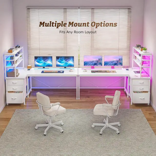 Alt view image 4 of 7 - 55''Gaming Desk L Shaped Desk with 3 Fabric Drawers & Shelf, Reversible Computer Desk with Remote LED Lights, Power Outlet of Home Office Desk for Bedroom,Dorm,White