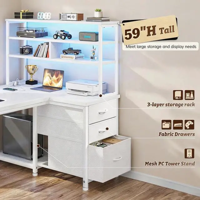 Alt view image 7 of 7 - 55''Gaming Desk L Shaped Desk with 3 Fabric Drawers & Shelf, Reversible Computer Desk with Remote LED Lights, Power Outlet of Home Office Desk for Bedroom,Dorm,White