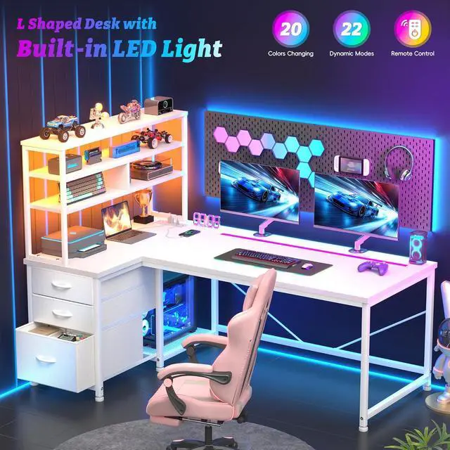 Alt view image 3 of 7 - 55''Gaming Desk L Shaped Desk with 3 Fabric Drawers & Shelf, Reversible Computer Desk with Remote LED Lights, Power Outlet of Home Office Desk for Bedroom,Dorm,White