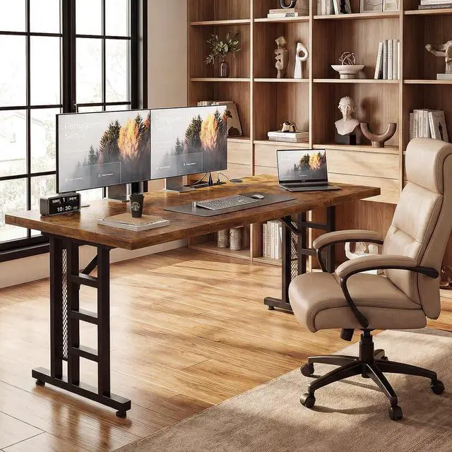 Alt view image 5 of 7 - 71" Executive Desk with Power Ports, Large Computer Desk with 3-Piece Thickened Board for Home Office, Workstation, Rustic Brown