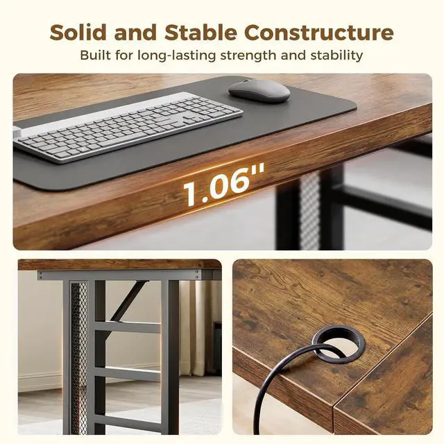 Alt view image 4 of 7 - 71" Executive Desk with Power Ports, Large Computer Desk with 3-Piece Thickened Board for Home Office, Workstation, Rustic Brown