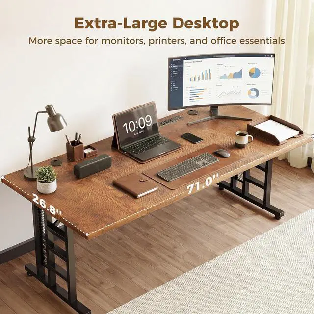 Alt view image 7 of 7 - 71" Executive Desk with Power Ports, Large Computer Desk with 3-Piece Thickened Board for Home Office, Workstation, Rustic Brown