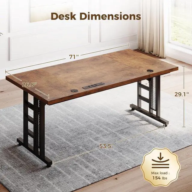 Alt view image 6 of 7 - 71" Executive Desk with Power Ports, Large Computer Desk with 3-Piece Thickened Board for Home Office, Workstation, Rustic Brown