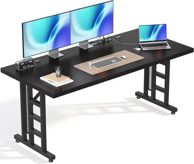 Main image of 71" Executive Desk with Power Ports, Large Computer Desk with 3-Piece Thickened Board for Home Office, Workstation, Black