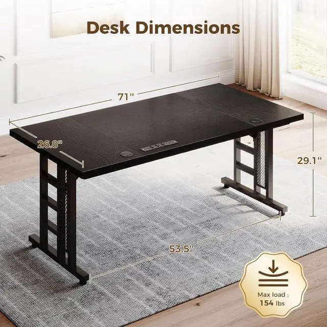 Alt view image 6 of 7 - 71" Executive Desk with Power Ports, Large Computer Desk with 3-Piece Thickened Board for Home Office, Workstation, Black