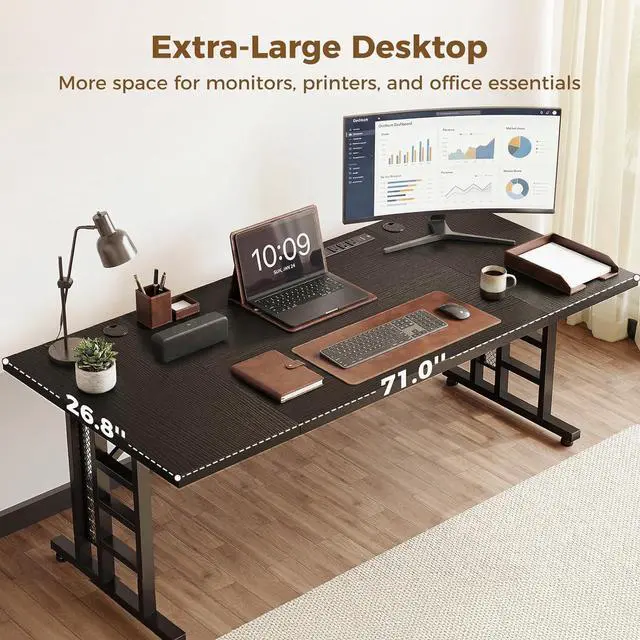 Alt view image 7 of 7 - 71" Executive Desk with Power Ports, Large Computer Desk with 3-Piece Thickened Board for Home Office, Workstation, Black