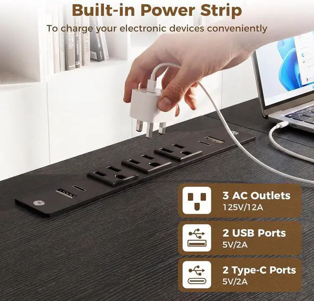 Alt view image 3 of 7 - 71" Executive Desk with Power Ports, Large Computer Desk with 3-Piece Thickened Board for Home Office, Workstation, Black