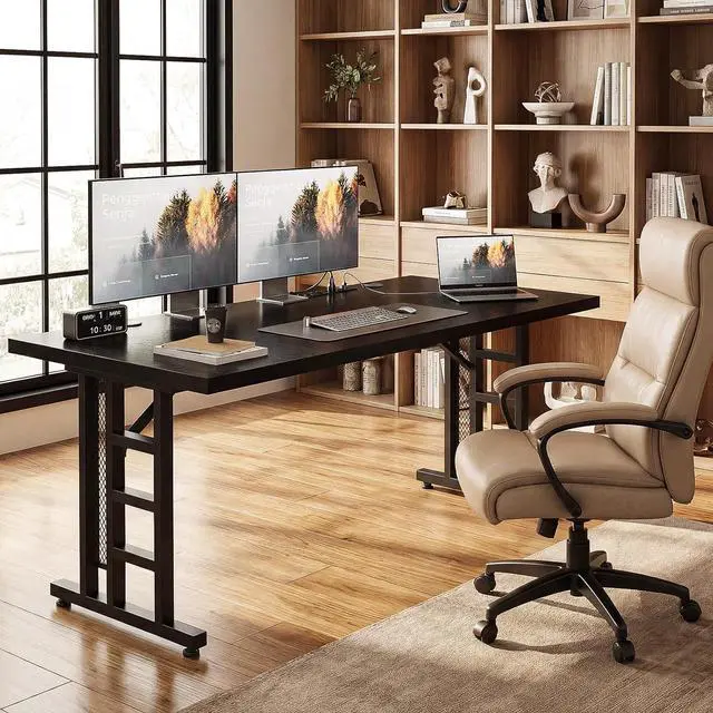 Alt view image 5 of 7 - 71" Executive Desk with Power Ports, Large Computer Desk with 3-Piece Thickened Board for Home Office, Workstation, Black