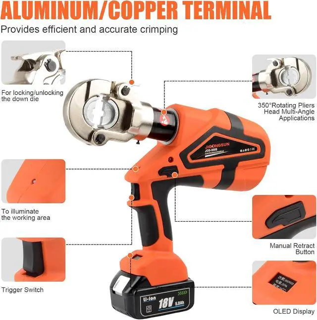 Alt view image 3 of 7 - Electric Hydraulic Crimping Tool, Battery Cable Crimper Tool, Rechargeable Crimper for Cu/Al Terminal, Continuously Crimp 12 Ton Rang 8AWG-600MCM 12 Pairs of Dies