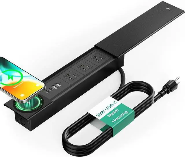 Main image of Recessed Power Strip with 15W Wireless Charger, USB C PD 30W, 3 TR AC Outlets, Flush Mount Power Strip with Sliding Lid, for Desk Furniture Conference Table, Black
