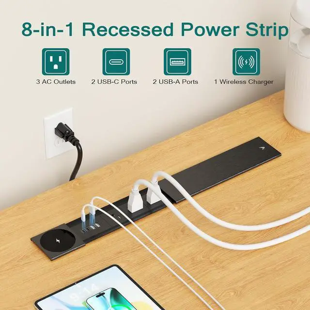 Alt view image 4 of 6 - Recessed Power Strip with 15W Wireless Charger, USB C PD 30W, 3 TR AC Outlets, Flush Mount Power Strip with Sliding Lid, for Desk Furniture Conference Table, Black
