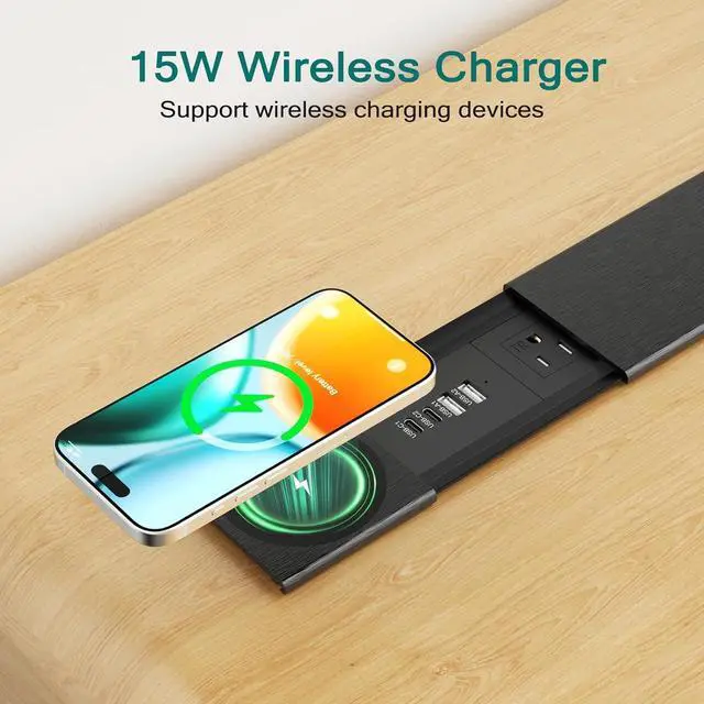 Alt view image 2 of 6 - Recessed Power Strip with 15W Wireless Charger, USB C PD 30W, 3 TR AC Outlets, Flush Mount Power Strip with Sliding Lid, for Desk Furniture Conference Table, Black