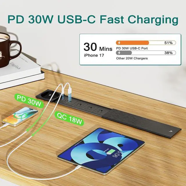 Alt view image 3 of 6 - Recessed Power Strip with 15W Wireless Charger, USB C PD 30W, 3 TR AC Outlets, Flush Mount Power Strip with Sliding Lid, for Desk Furniture Conference Table, Black