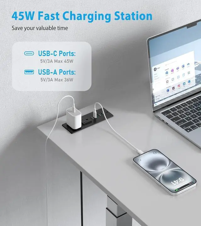 Alt view image 4 of 7 - 45W USB C Recessed Power Strip, Recessed Outlet with 4 USB Ports, Flush Mount Furniture Hidden Drawer Fast Charging Station for Home Office 6FT Black