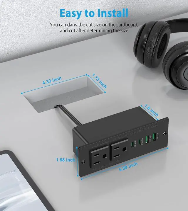 Alt view image 7 of 7 - 45W USB C Recessed Power Strip, Recessed Outlet with 4 USB Ports, Flush Mount Furniture Hidden Drawer Fast Charging Station for Home Office 6FT Black
