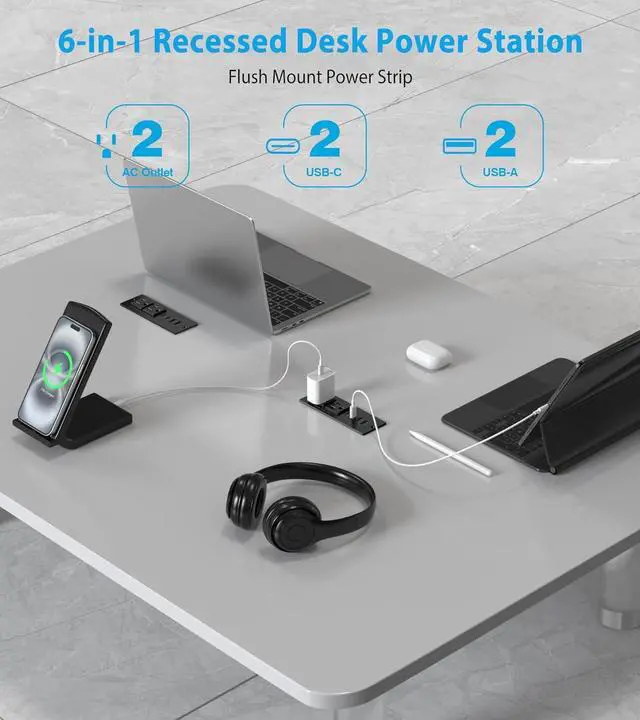 Alt view image 6 of 7 - 45W USB C Recessed Power Strip, Recessed Outlet with 4 USB Ports, Flush Mount Furniture Hidden Drawer Fast Charging Station for Home Office 6FT Black