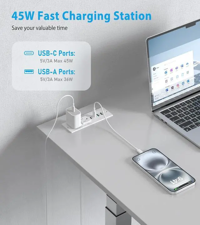 Alt view image 2 of 7 - 45W USB C Recessed Power Strip, Recessed Outlet with 4 USB Ports, Flush Mount Furniture Hidden Drawer Fast Charging Station for Home Office 6FT