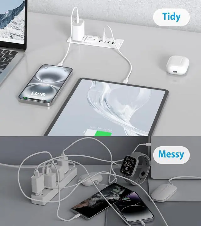 Alt view image 5 of 7 - 45W USB C Recessed Power Strip, Recessed Outlet with 4 USB Ports, Flush Mount Furniture Hidden Drawer Fast Charging Station for Home Office 6FT