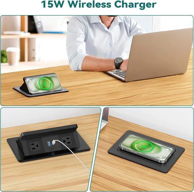 Alt view image 4 of 7 - Pop up Power Outlet with 15W Wireless Charger, Recessed Power Strip with USB-C PD 20W, 2 Outlets, Desk Charging Station for Conference Room Kitchen Countertop, ETL Listed