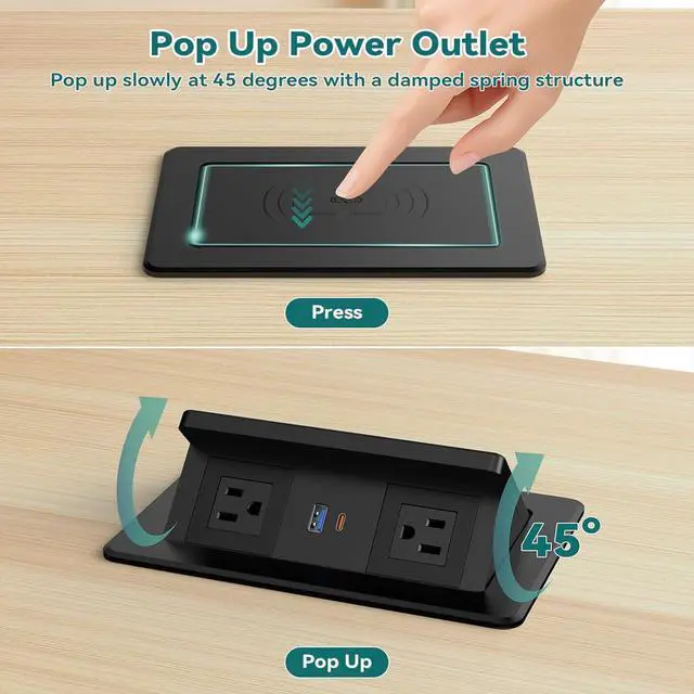 Alt view image 6 of 7 - Pop up Power Outlet with 15W Wireless Charger, Recessed Power Strip with USB-C PD 20W, 2 Outlets, Desk Charging Station for Conference Room Kitchen Countertop, ETL Listed