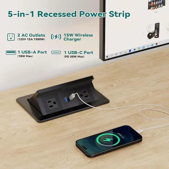 Alt view image 5 of 7 - Pop up Power Outlet with 15W Wireless Charger, Recessed Power Strip with USB-C PD 20W, 2 Outlets, Desk Charging Station for Conference Room Kitchen Countertop, ETL Listed